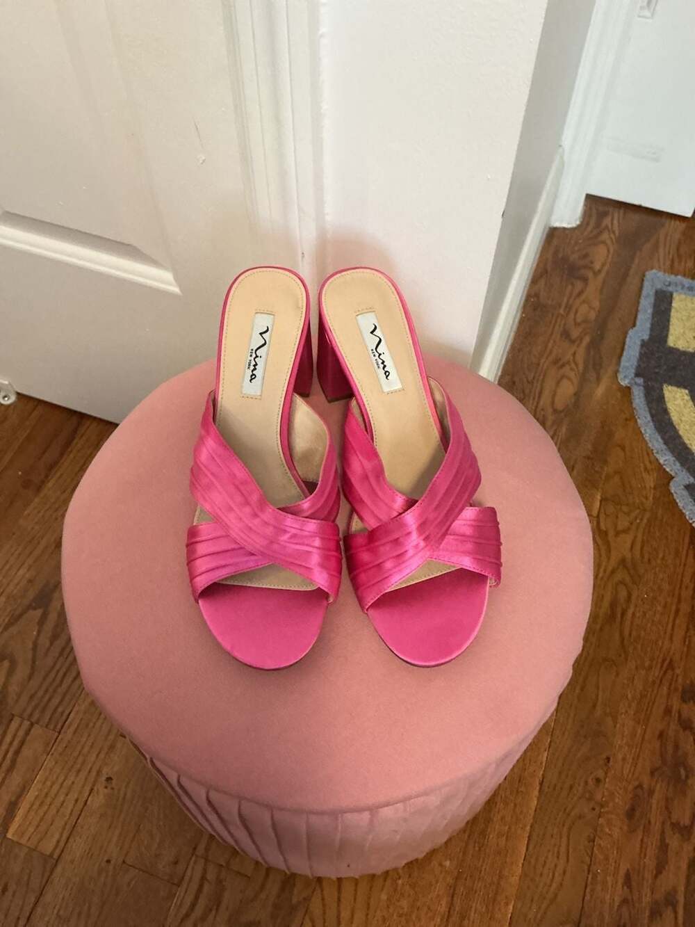 Nina New York Nayely Hot Pink Satin Pleated Block Heel Slide Sandals